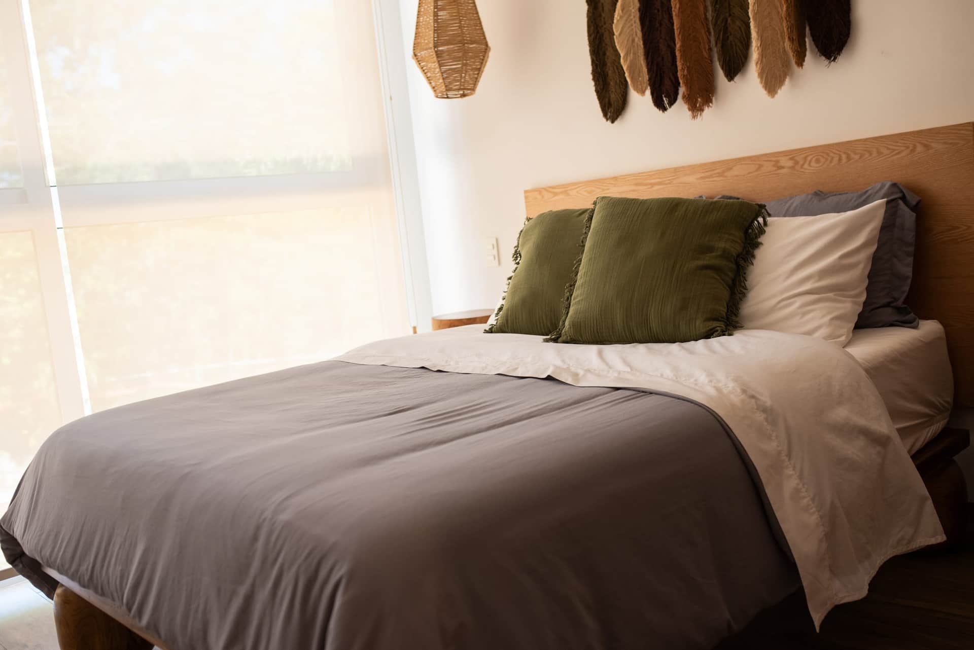 Guest bedroom with olive green accent pillows and natural light at The Leaf Playacar