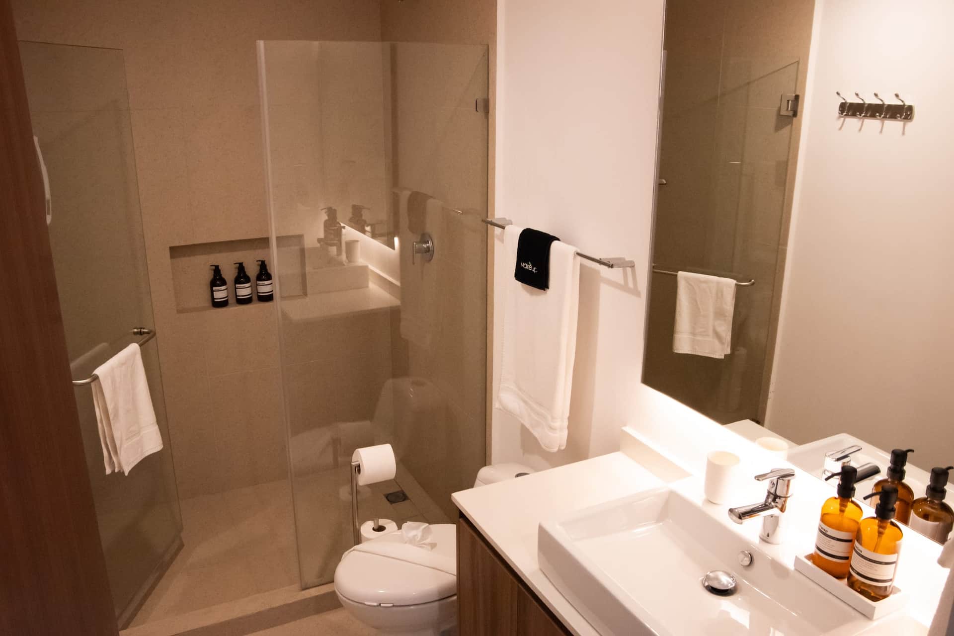 Luxury spa-style bathroom with walk-in shower at The Leaf Playacar