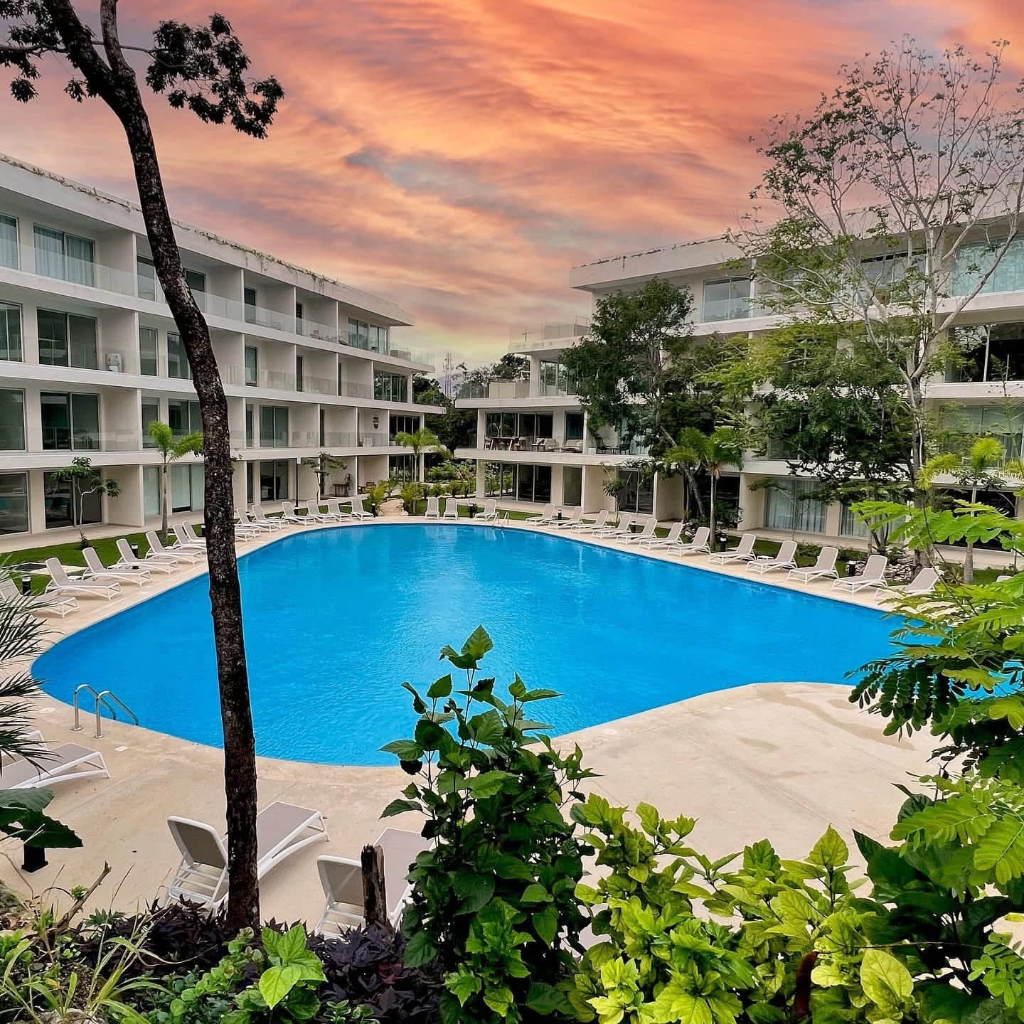 Community pool at The Leaf Playacar during golden hour sunset