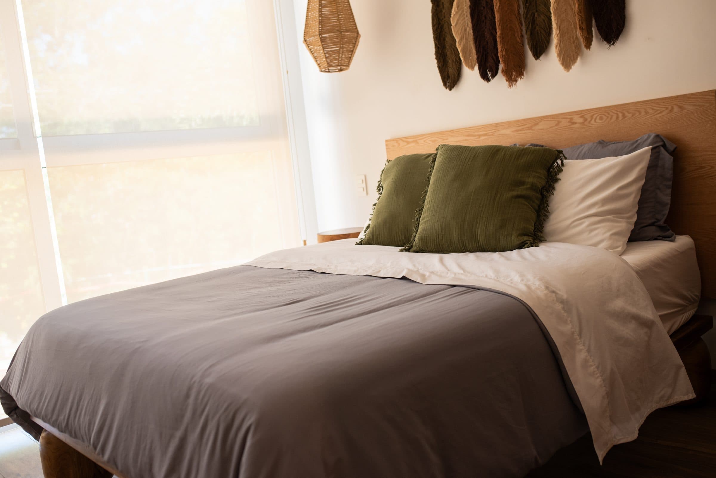 Guest bedroom with olive green accent pillows and natural light at The Leaf Playacar