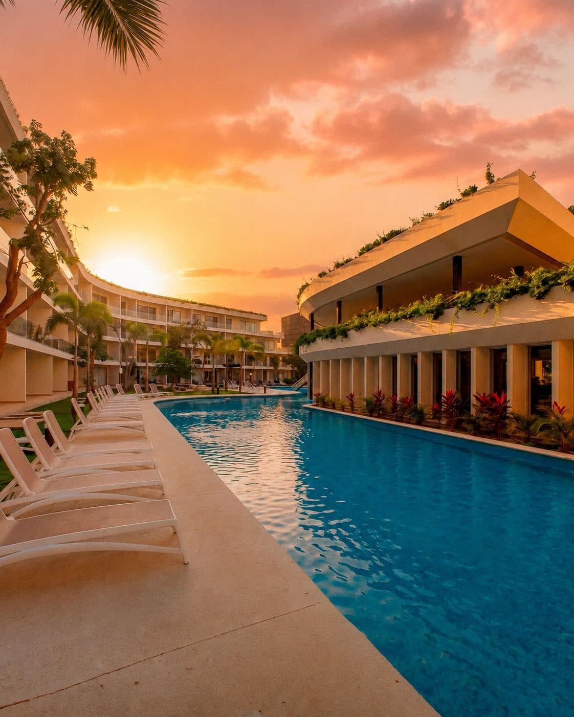 The Leaf community pool at golden hour